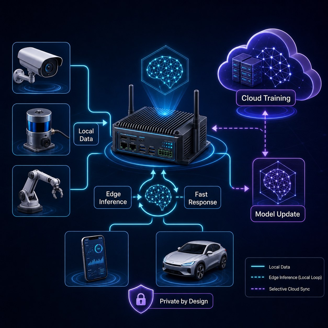 อินโฟกราฟิกอธิบายการประมวลผล Edge AI ระหว่างอุปกรณ์กับคลาวด์